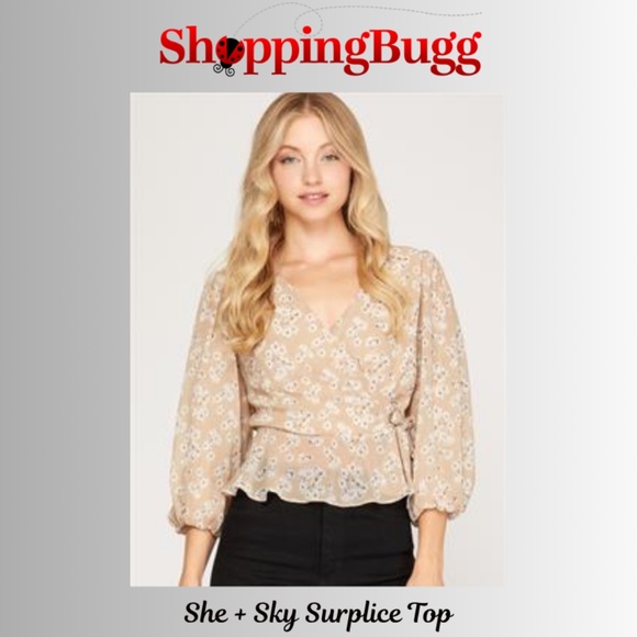 She + Sky Bubble Sleeve Surplice Blouse in Light Taupe ~ NWT! ✨ (SB1370) - Picture 1 of 8